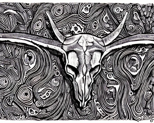 Image similar to Longhorn Skull, skull bone carved with patterns, wild wild west, tritone, mixed media, fine linework, pen and ink, symmetry