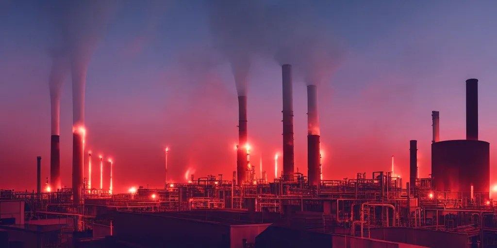 Image similar to chemical plant at night, smokestacks with plumes of fire, red glow in the horizon, ray tracing, refractive, award winning, trending on artstation, digital art. highly detailed 8 k. intricate