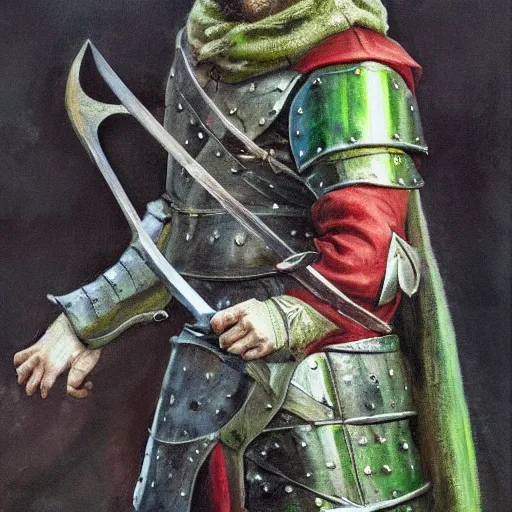 Prompt: Jacksepticeye in Irish medieval armor holding short sword and looking into a distance, bloodborn, oil painting