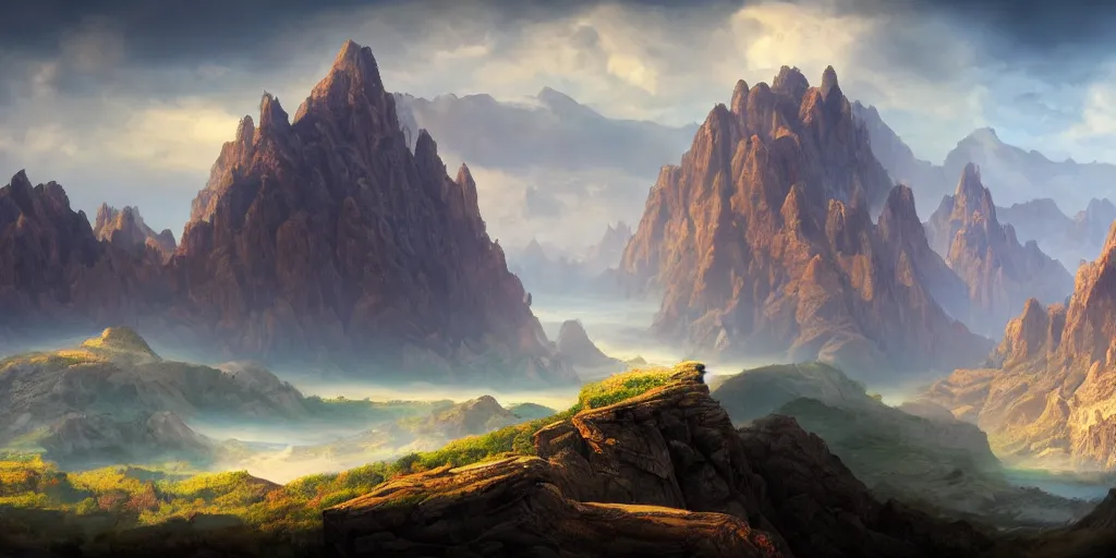 Image similar to beautiful matte painting of large mountains and canyons, fantasy