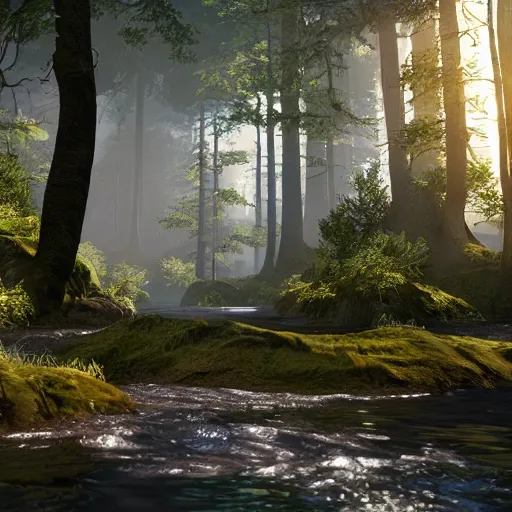 Image similar to a forest made in unreal engine 5 with sun rays and a river, 4k, high detail, high-resolution photograph, professional photography, ultra-detail