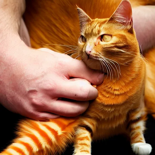 Image similar to a photo of a man with orange skin petting a cat, ultra high detail, 8 k.