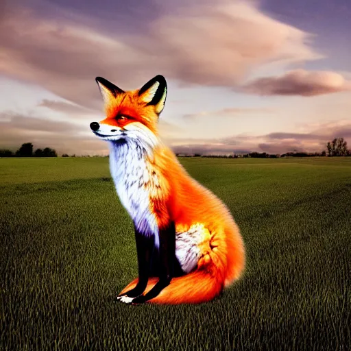 Image similar to a female fluffy anthropomorphic fox animal, head of fox, wearing cowboy hat, wearing plaid shirt, playing guitar, in a field, barn in background, album cover style