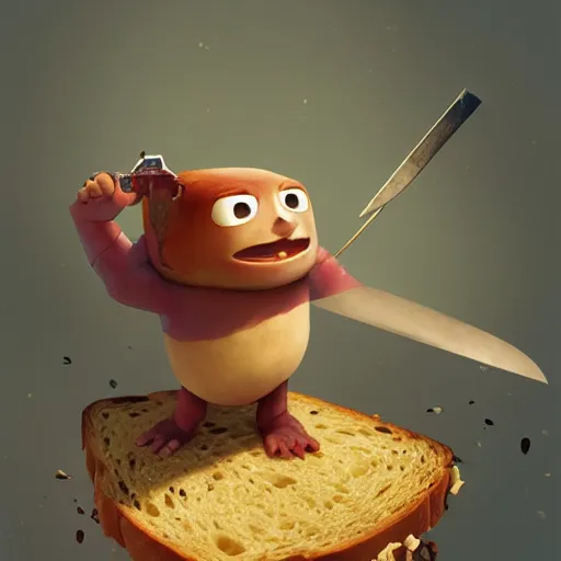 Prompt: a slice of toasted bread with a face, arms and legs, holding a sword, cute pixar character, volumetric lighting, dynamic composition, fantasy, hyper detailed, ultra realistic, sharp focus, octane render, concept art by sachin teng and sergey kolesov and ruan jia and heng z