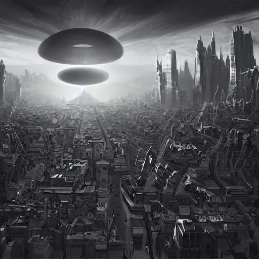 Image similar to black hole rising above city, city destroyed by shockwave, black hole with accretion disс, digital art, vector logo, sticker, black and white, art by stefan koidl, brock hofer, marc simonetti