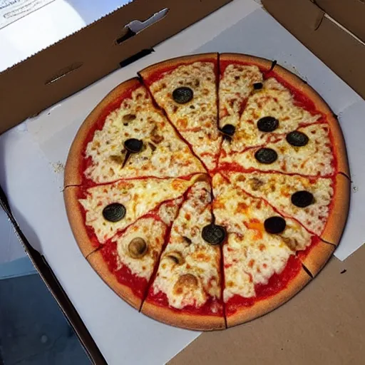 Image similar to terrible pizza with weird toppings, one star review, never eating here again