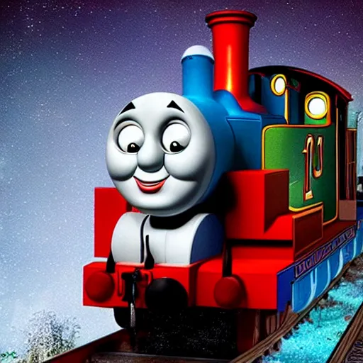 Prompt: a psychologically scary thomas the train, photo shot during bright night, realism, horror, extremely detailed