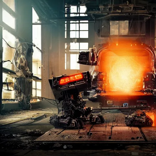 Image similar to toaster oven terminator robot, dark messy smoke - filled cluttered workshop, dark, dramatic lighting, orange tint, sparks, cinematic, highly detailed, sci - fi, futuristic, movie still