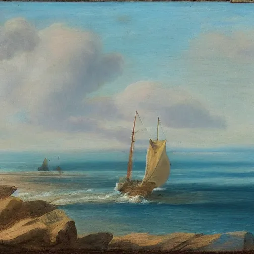 Prompt: A coast with sand and small rocks with a blue sky and a troubled sea and an old sailing ship on the horizon and in the sky is a flock of birds flying southwards, painted in oil colours