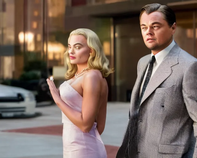 Prompt: leonardo dicaprio as the wolf of wall street next to margot robbie as naomi from the wolf of wall street, cinematic, long shot, hyper detailed, hyper realistic faces, 8 5 mm photograph, 8 k resolution, film still, sharp lens, wide lens