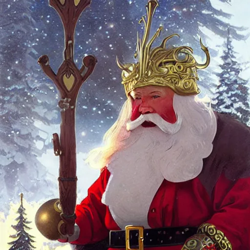 Image similar to santa claus wearing a viking helmet, art by artgerm, greg rutkowski and alphonse mucha