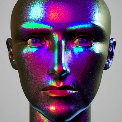 Image similar to 3d render of holographic human robotic head made of glossy iridescent, surrealistic 3d illustration of a human face non-binary, non binary model, 3d model human, cryengine, made of holographic texture, holographic material, holographic rainbow, concept of cyborg and artificial intelligence