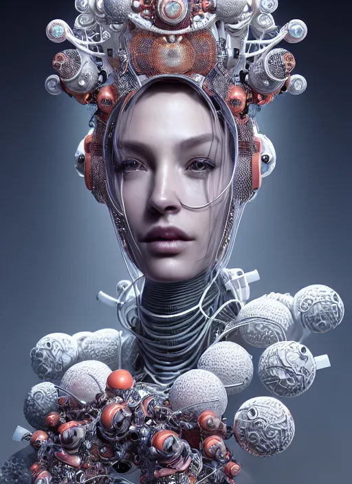 Image similar to portrait of an absurdly beautiful, graceful, sophisticated, fashionable cyberpunk mechanoid, hyperdetailed illustration by irakli nadar and alexandre ferra, intricate linework, white porcelain skin, faberge, coral headdress, unreal engine 5 highly rendered, global illumination, radiant light, detailed and intricate environment