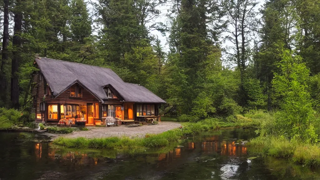 Prompt: small wooden cottage in the forest, chairs the porch, smoke coming out of the chimney, dusk, redwood trees, peaceful, river running past the cottage, a wooden rowing boat, galaxy in the night sky