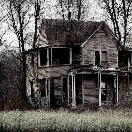 Image similar to VHS still of an abandoned house