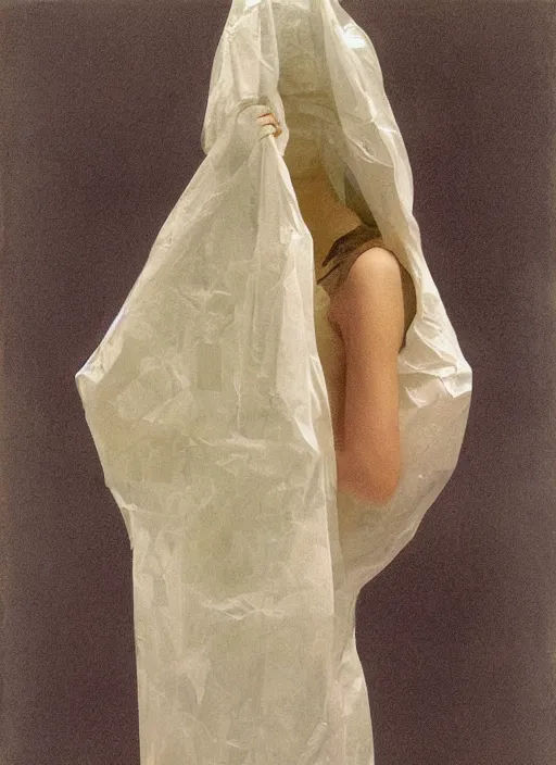 Prompt: woman in a translucent clothing made from plastic bag with paper bags for clothes standing inside paper bags with paper bag over the head at store display Edward Hopper and James Gilleard, Zdzislaw Beksinski, highly detailed