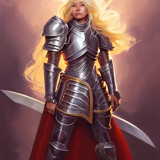 Prompt: Portrait of a female Paladin with blonde hair wearing a heavy knight armor, face, fantasy, intricate, elegant, highly detailed, digital painting, artstation, concept art, smooth, sharp focus, illustration, art by Wei Fan and Fernanda Suarez and Artem Demura and alphonse mucha