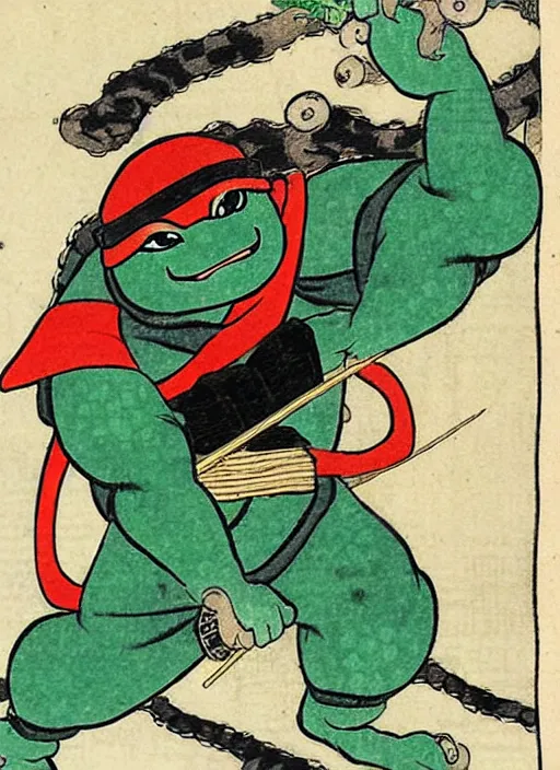 Image similar to a ninja turtle as a yokai illustrated by kawanabe kyosai and toriyama sekien