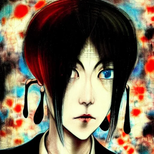 Image similar to yoshitaka amano blurred and dreamy realistic three quarter angle horror portrait of a sinister young woman with short hair, big earrings and black eyes wearing office suit with tie, junji ito abstract patterns in the background, satoshi kon anime, noisy film grain effect, highly detailed, renaissance oil painting, weird portrait angle, blurred lost edges