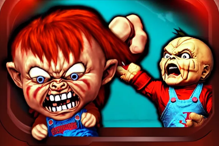 Image similar to screaming chucky doll as a character in street fighter arcade game