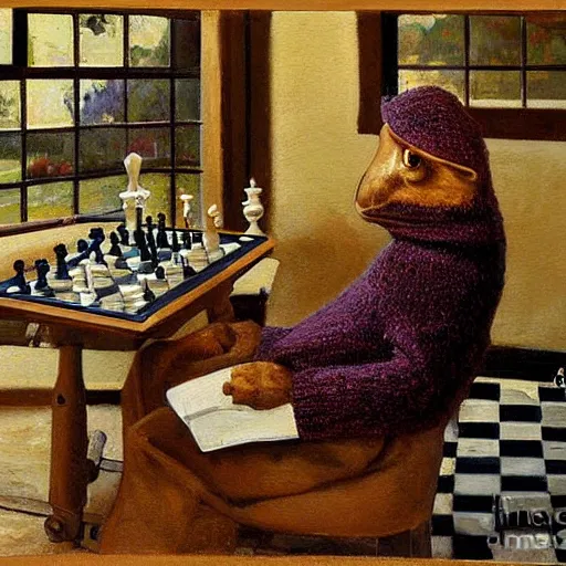 Prompt: toads drinking tea and playing chess. Painting of toads wearing sweaters by James Gurney.