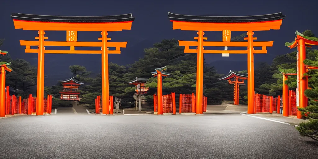 Image similar to A night photo of a american yellow school bus entering a Red Japanese Torii gate at Mount Fuji location in Japan, time travel, 4K, global illumination, ray tracing, octane render