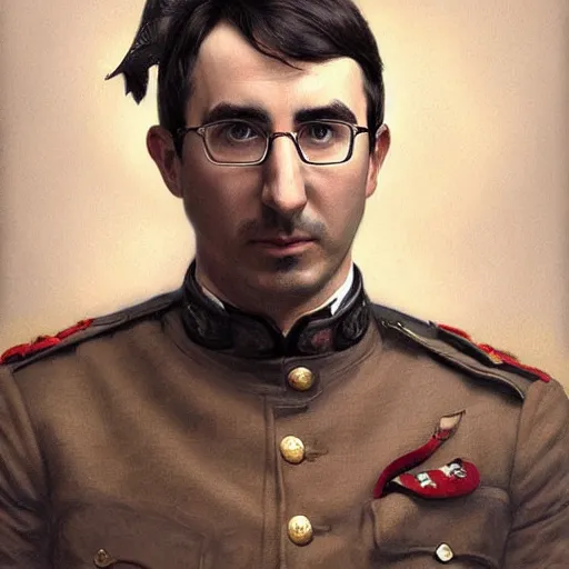 Prompt: portrait of stoic looking john oliver, military uniform, fantasy, intricate, elegant, highly detailed, centered, dark, smokey, charcoal painting, digital painting, artstation, concept art, smooth, sharp focus, illustration, art by artgerm and greg rutkowski and alphonse mucha