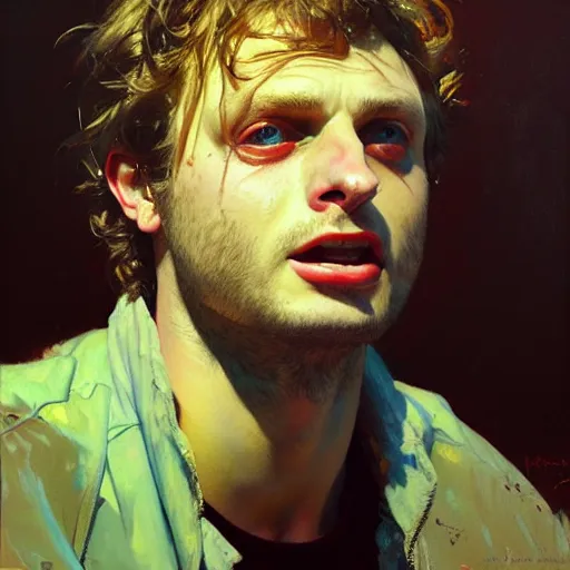 Image similar to portrait of mac demarco, detailed face, detailed painting, epic lighting, by ilya repin, phil hale and kent williams