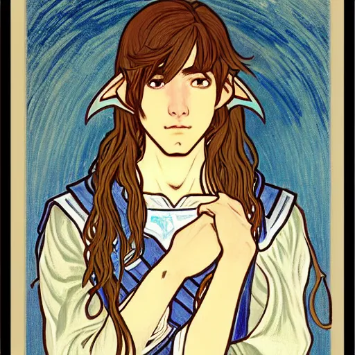 Image similar to painting of young handsome beautiful paladin elf!! man with long! wavy dark hair in his 2 0 s named taehyung minjun at the blueberry party, wearing armor!, long hair, elf ears, blue eyes, blueeyes, elegant, delicate, soft facial features, art, art by alphonse mucha, vincent van gogh, egon schiele,