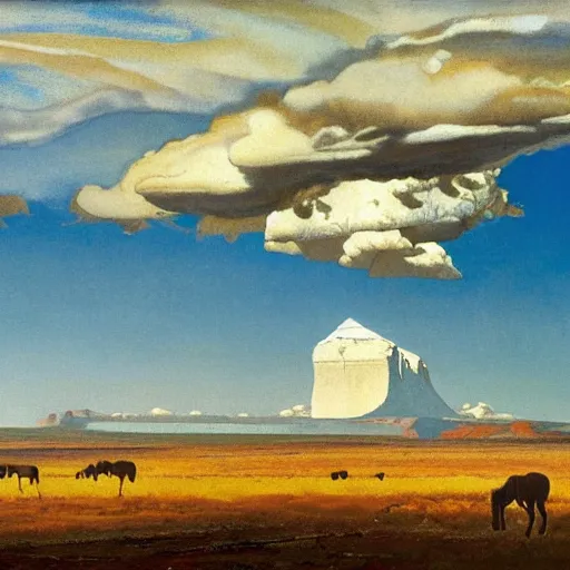 Prompt: towering cumulonimbus clouds looming over a mesa in a sunny western landscape with a herd of wild horses in the foreground by nc wyeth, by frederic remington, award - winning nature photography