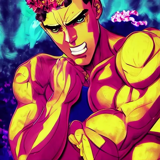 Image similar to handsome boxer, punching, wearing neon boxing shorts, bodybuilder posing, portrait surrounded by hibiscus flowers, jojo cover art, jojo anime style, david production, style of vento aureo cover art, style of stone ocean cover art, style of steel ball run cover art, style of jojolion cover art, ilya kuvshinov style, illustrated by hirohiko araki