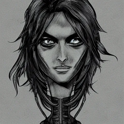 Image similar to character portrait, rogue, penned in cyan ink