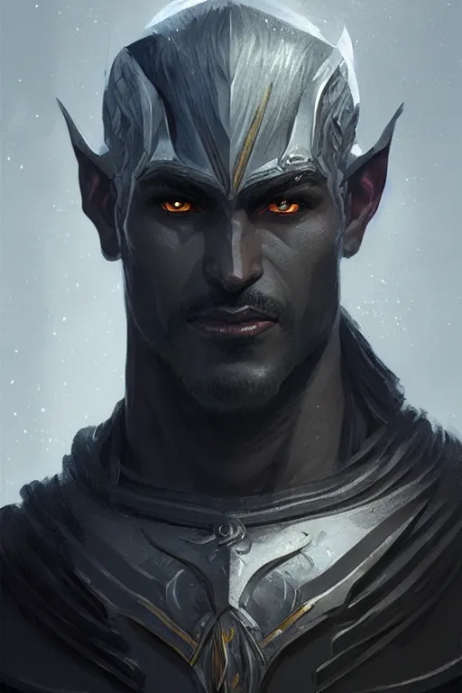 Image similar to head and shoulders portrait of an eldrich knight, drow, dark elf, shadar kai, male, high fantasy, d & d, by greg rutkowski, face details, extremely detailed, digital illustration