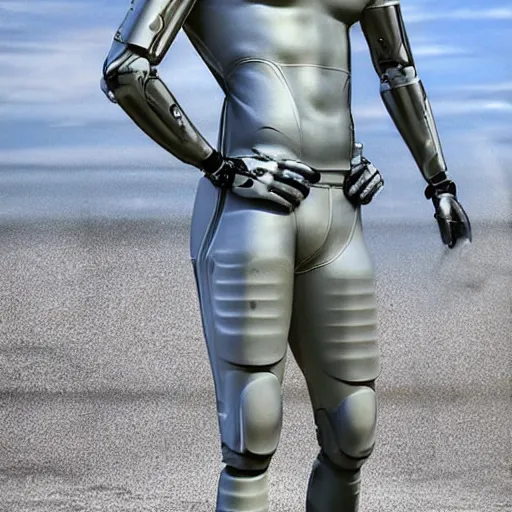 Image similar to a realistic detailed photo of a guy who is an attractive humanoid who is half robot and half humanoid, who is a male android, football player christian mccaffrey, shiny skin, posing like a statue, blank stare, by the beach, on display