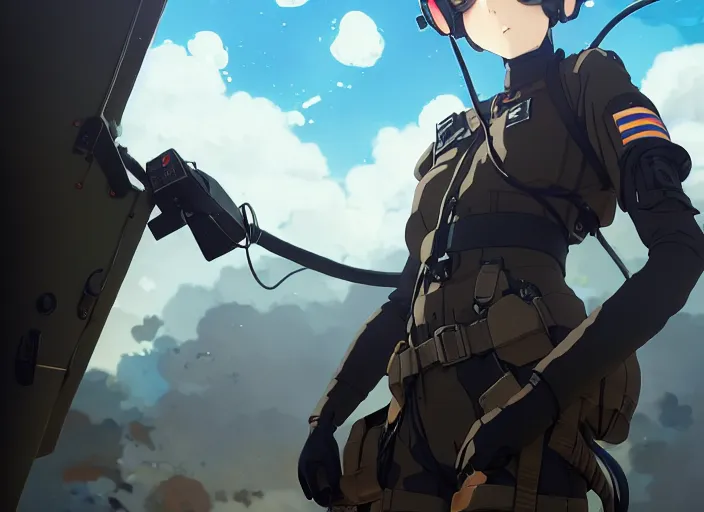 Prompt: portrait of pilot girl parachuting behind enemy lines, black sky background, chaotic landscape, illustration concept art anime key visual trending pixiv fanbox by wlop and greg rutkowski and makoto shinkai and studio ghibli and kyoto animation, kaki body suit, wires and chords, oxygen mask, military gear, grimdark, volumetric lighting