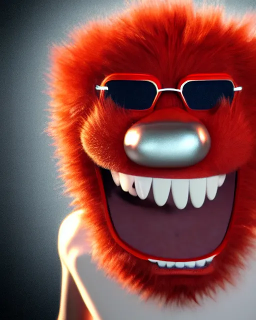 Image similar to 3 d render of completely red hairy friendly antropomorphic creature wearing chrome shades, without nose, grin, full body, standing on 2 feet, in the style of pixar, white background, unreal engine 5, octane render, highly detailed hdr