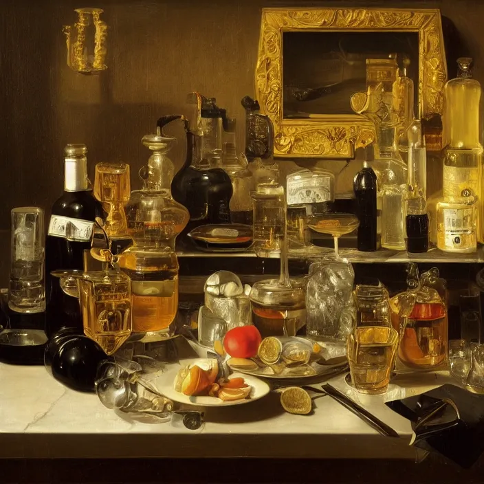 Prompt: still life of a fancy bar in tokyo by pieter claesz, oil on canvas, strong lighting, highly detailed, hyper realism, golden hour, god rays, hd, 4 k