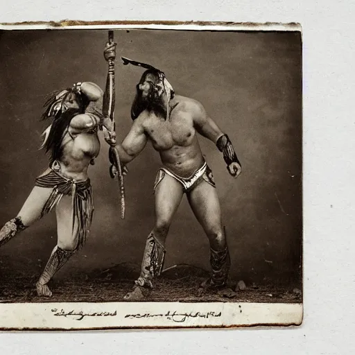 Image similar to amazonian warrior woman fistfighting spartan man, brutal fight, mixed - gender fight, fighting pit, sparta, daguerreotype photograph