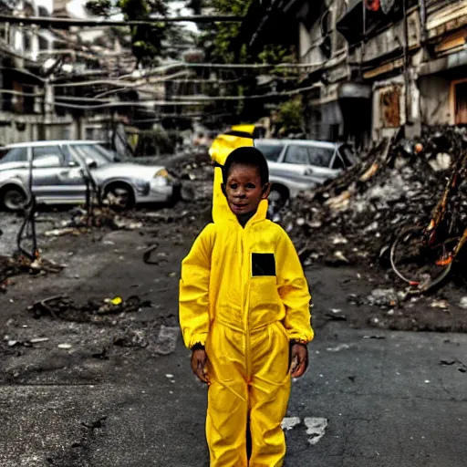 Image similar to a photo of a boy wearing a hazmat suit, riding a bike, side-view, smoke in the background, filthy streets, broken cars. Vines growing. Jpeg artifacts. Full-color photo. Color color color color color. Award-winning photo. Samyang/Rokinon Xeen 50mm T1.5