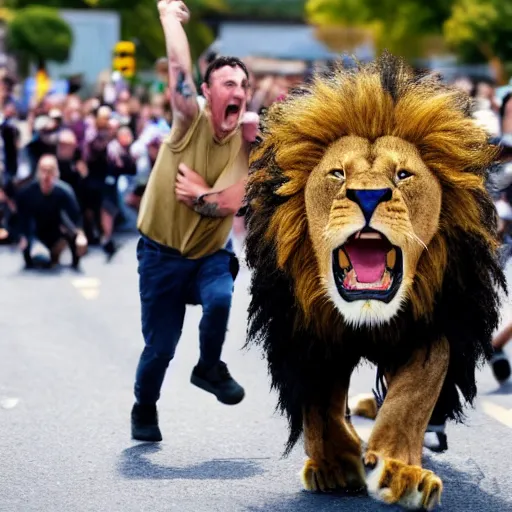 Image similar to News footage of New Zealand freedom protesters being chased by a pride of angry lions.