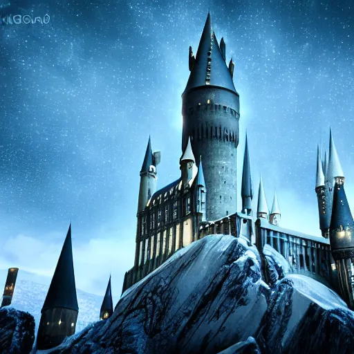 Image similar to hogwarts towers, night sky, mid shot, ultra detailed, hyperrealistic, octane render, unreal engine, snow, mist and fog, depth of field, intricate details, ornate