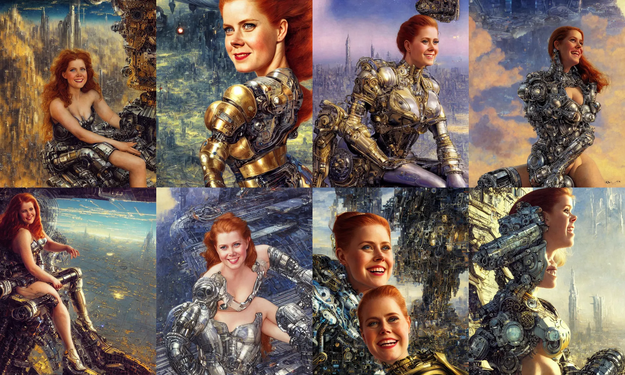 Image similar to close - up portrait of epic young amy adams smiling into camera, intricate cyborg armor, sitting on a bench, vista of futuristic city, windy, golden hour, wlop, by gerald brom, by mikhail vrubel, by peter elson, extreme detail, trending on artstation