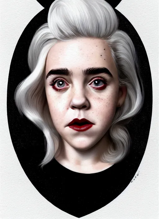 Image similar to full body portrait, kiernan shipka as sabrina spellman, white hair, obese, bangs, sultry, realistic, sultry smirk, fluffy bangs, freckles, fat, belly, intricate, elegant, highly detailed, digital painting, artstation, concept art, smooth, sharp focus, illustration, art by wlop, mars ravelo and greg rutkowski