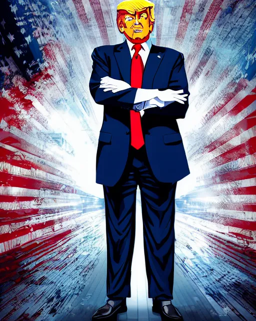 Prompt: Digital state-sponsored anime art of Donald Trump by A-1 studios, serious expression, empty warehouse background, highly detailed, spotlight