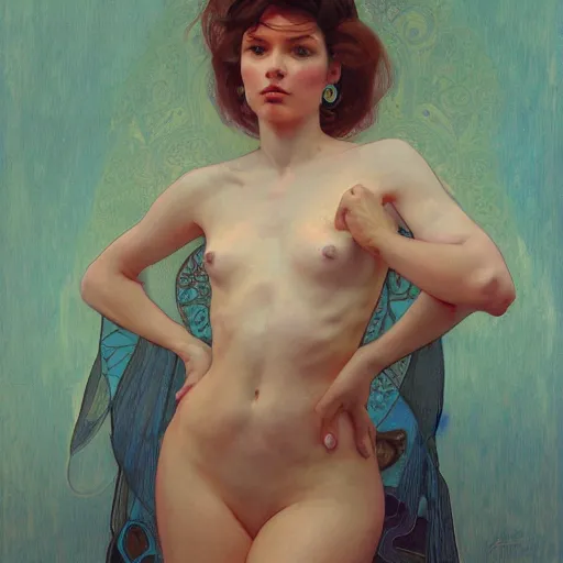 Image similar to modern woman | hyperrealistic | rubenesque | action pose | digital painting | trending on artstation | pinup portrait | clean | illustration | dressed | unreal engine 5 | 8 k resolution | by greg rutkowski alphonse mucha gustav klimt and mel ramos