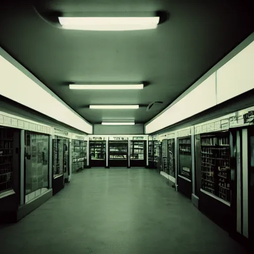 Image similar to noisy color photograph of inside a retrofuturist empty convenience store, dark pit, minimalist, cinematic, soft vintage glow, lens flare