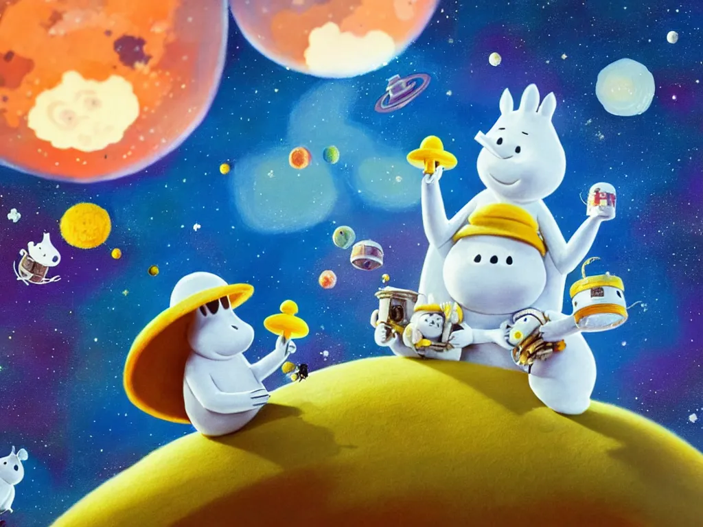 Image similar to moomins in space suits flying around with jetpacks discovering the mushroom planet, looking cute, photorealistic painting, movie still, cgi, warm colors, fluffy, cozy, dreamy, low light