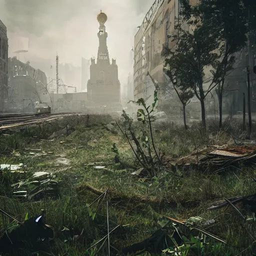 Image similar to post-apocalyptic overgrown moscow after losing the war, digital art, octane render, beautiful composition, trending on artstation, masterpiece