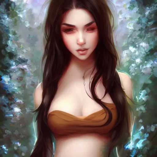Prompt: portrait of a beautiful woman with dark hair brown eyes and round eyes 20 years old by ross tran
