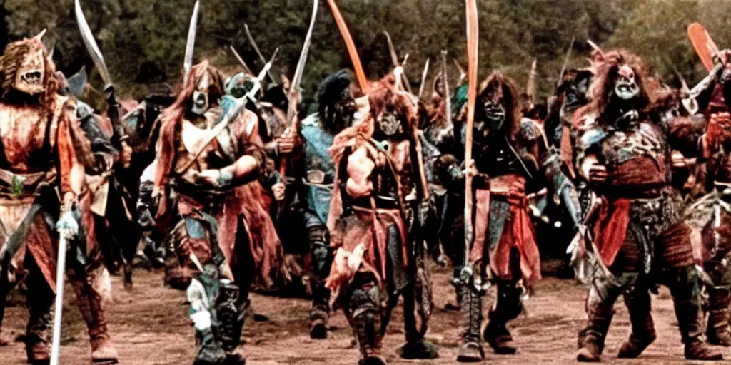 Prompt: A full color still from a Stanley Kubrick film featuring actors dressed as angry Orcs, waving swords, 35mm, 1970